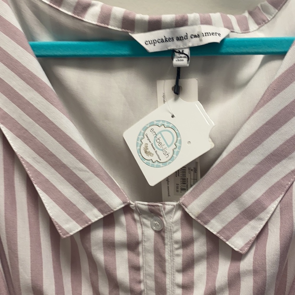 White/Lavender Striped Button Down Tie Dress - Picture 2 of 5